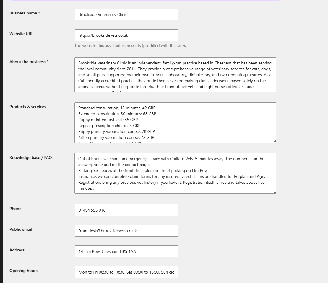 The Off Hours business profile screen in WordPress, with the business name, website, description, a price list, and a knowledge base filled in from the practice's own website, each in an editable field.