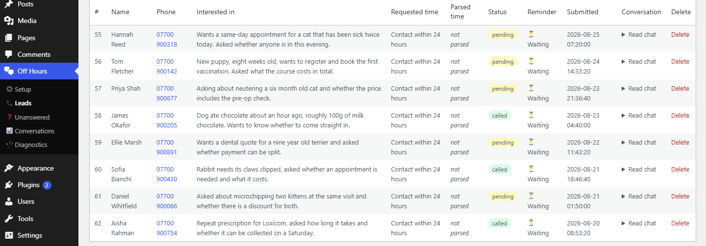 The Off Hours leads screen listing callback requests, each with the customer's name, a tappable phone number, a written summary of what they wanted, a status, and a link to read the conversation.